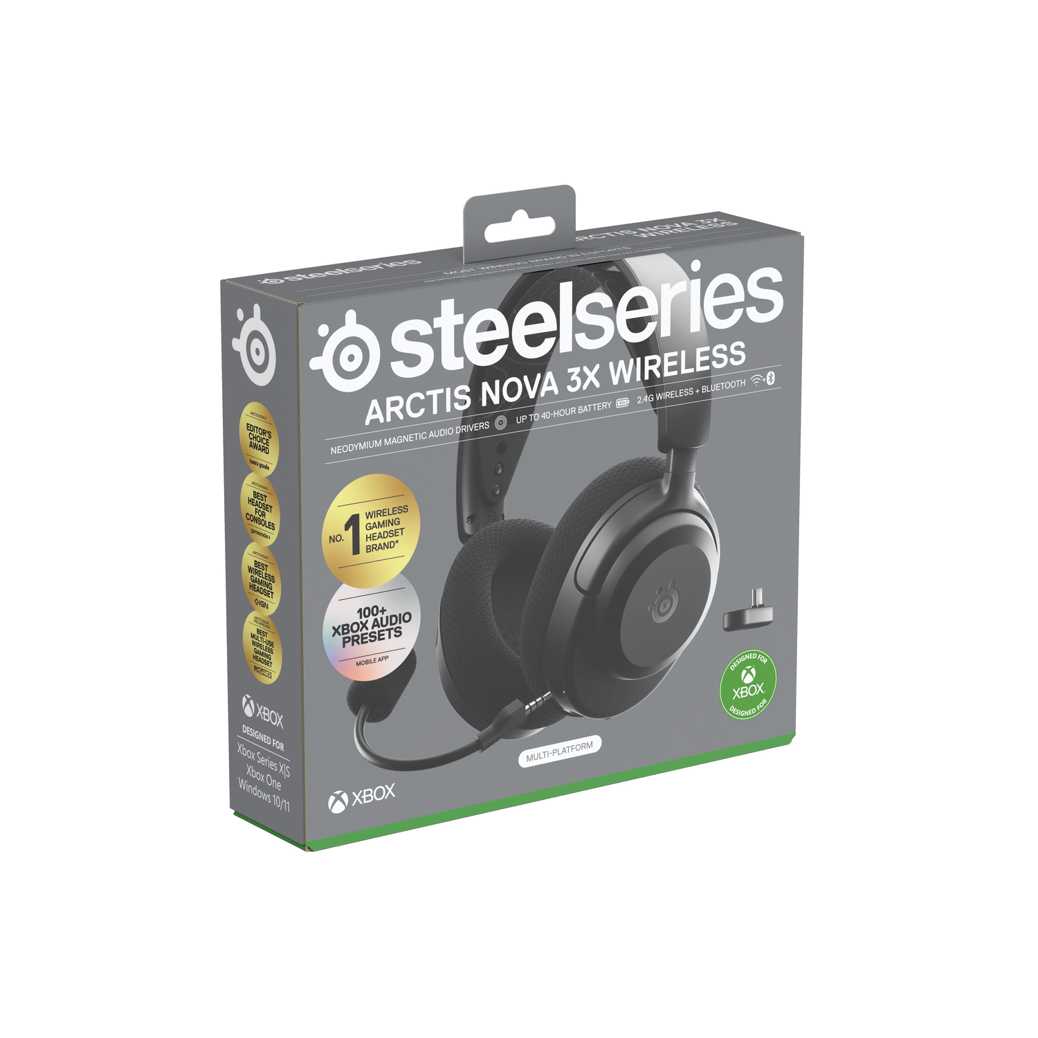 Boîte de casque Arctis Nova 3X Wireless noire. Affiche le produit, le nom de la marque et les fonctionnalités. Le logo Xbox est visible.