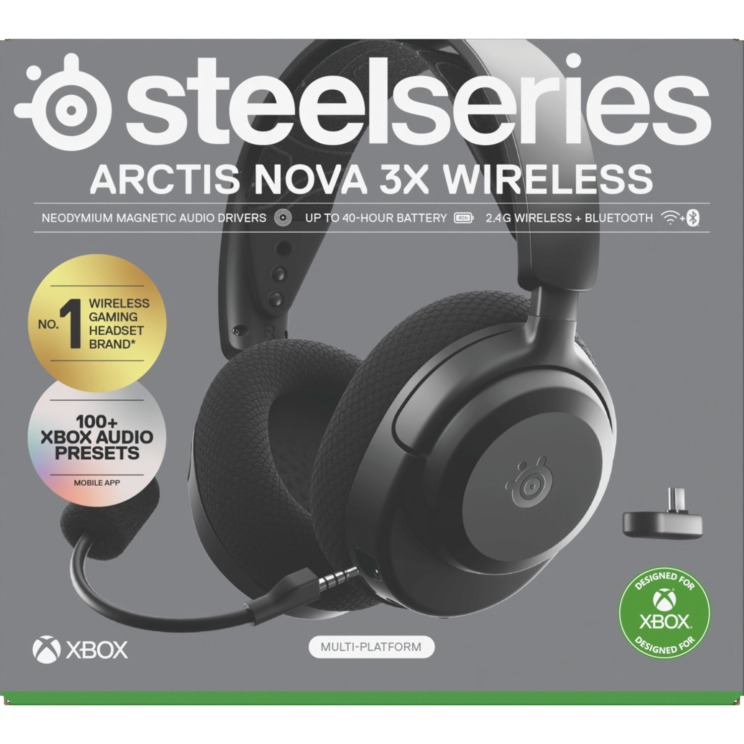 Casque Arctis Nova 3X Wireless noir sur fond blanc. Comprend Xbox et Bluetooth. Nom du produit visible.