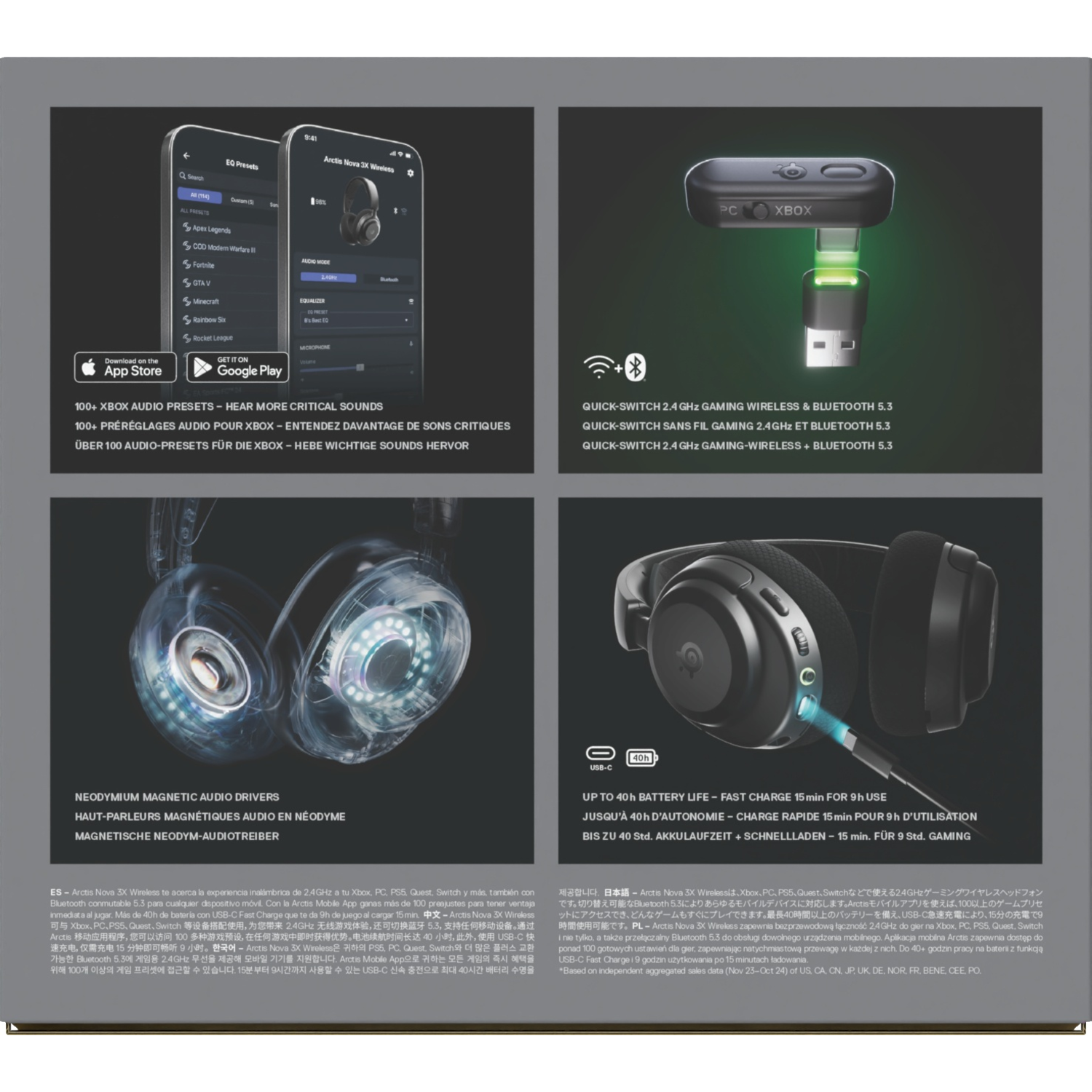 Dos de la boîte avec plusieurs images. Affiche les fonctionnalités, les téléchargements d'applications et les détails du casque. Inclut du texte en plusieurs langues.