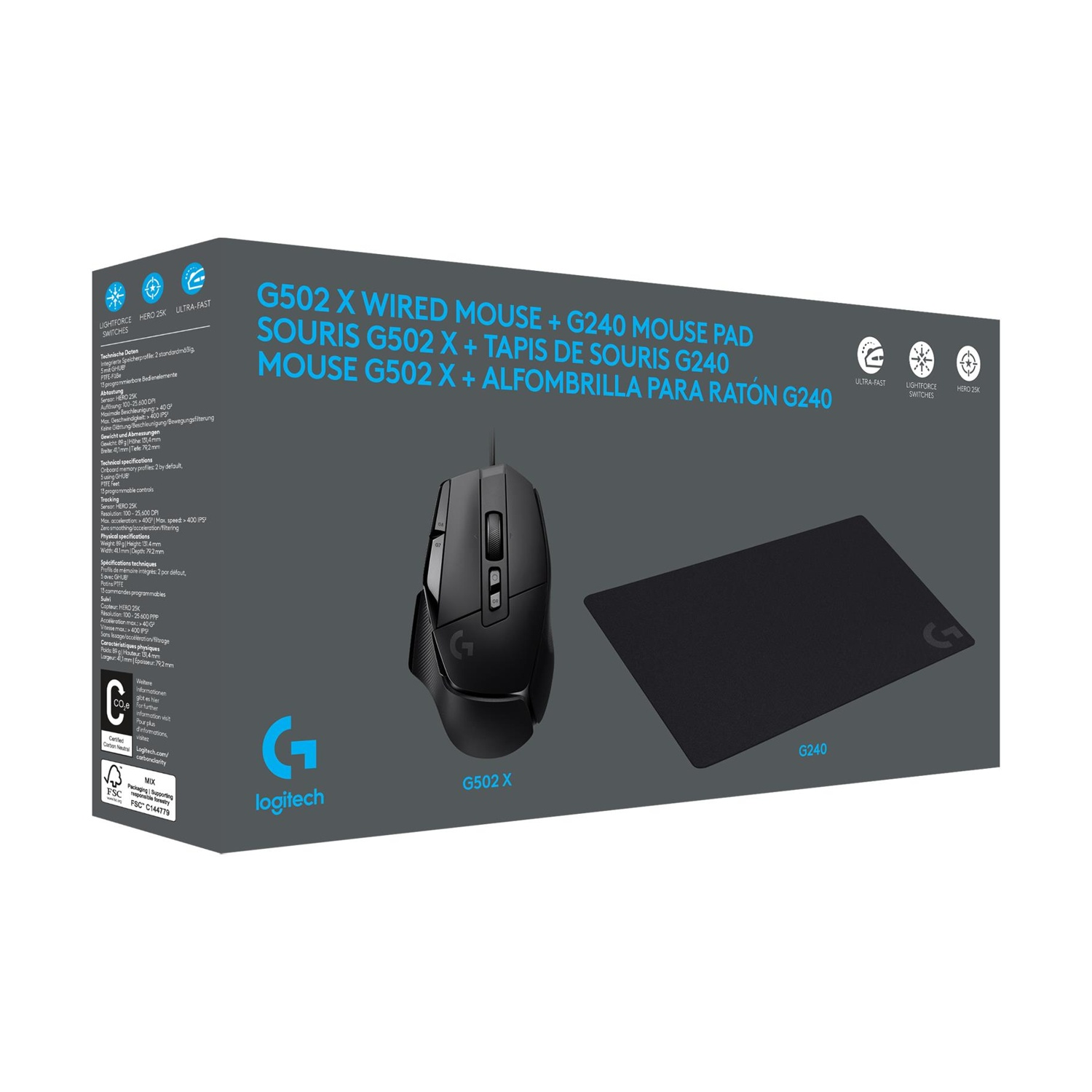 Mouse e tappetino neri. Il mouse è sul tappetino, entrambi neri con logo Logitech.