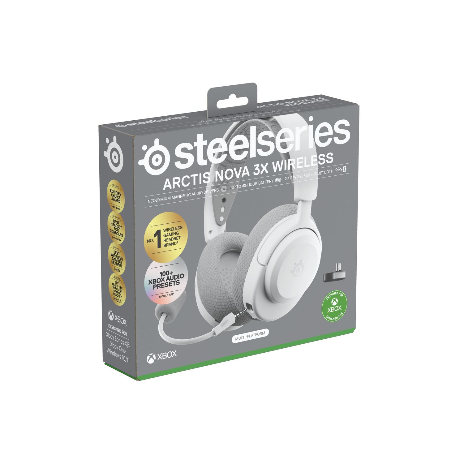 Boîte montre casque SteelSeries Arctis Nova 3X Wireless, blanc et gris, avec des fonctionnalités comme les préréglages audio Xbox.