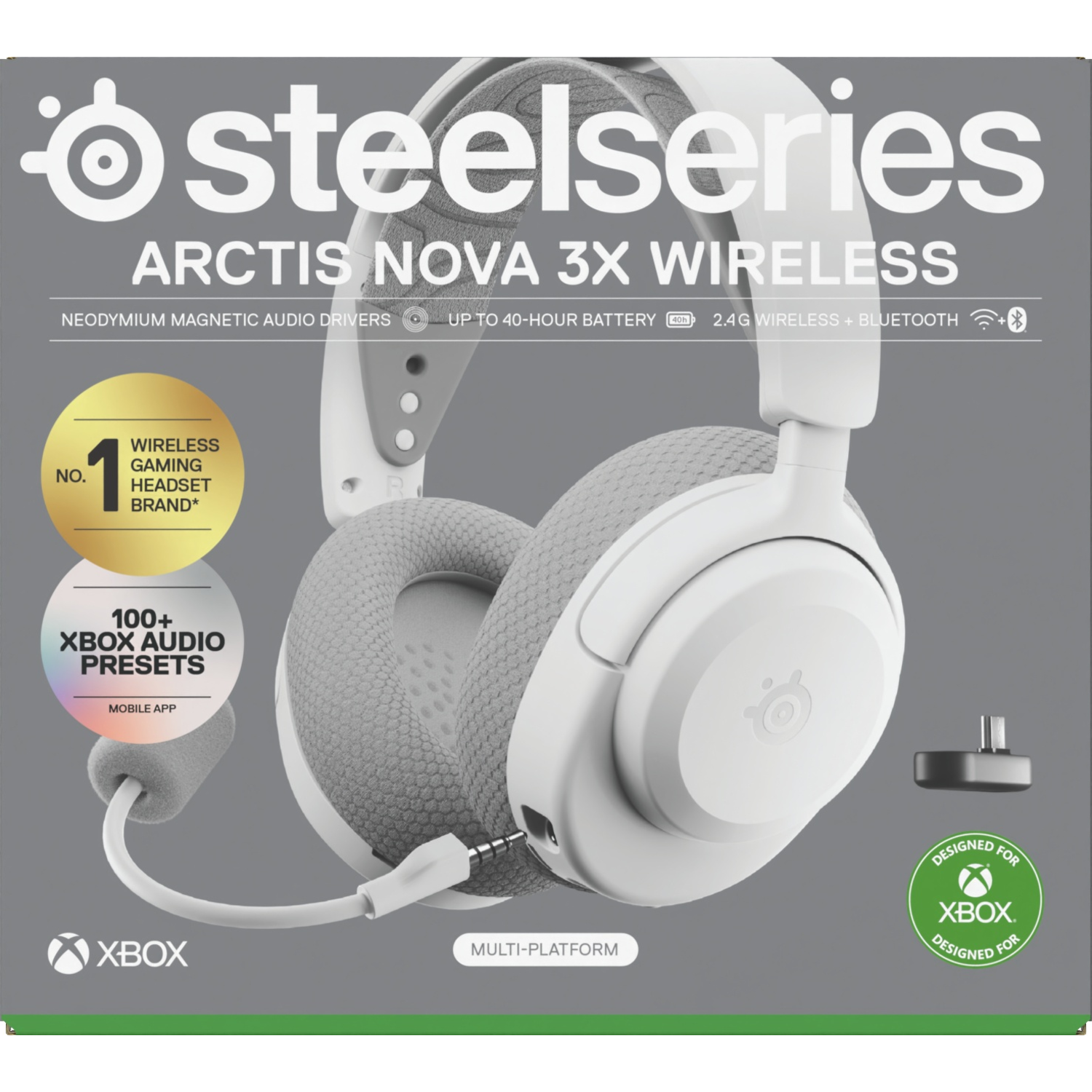 Casque SteelSeries Arctis Nova 3X Wireless, blanc et gris, avec des fonctionnalités comme les préréglages audio Xbox sont affichés.