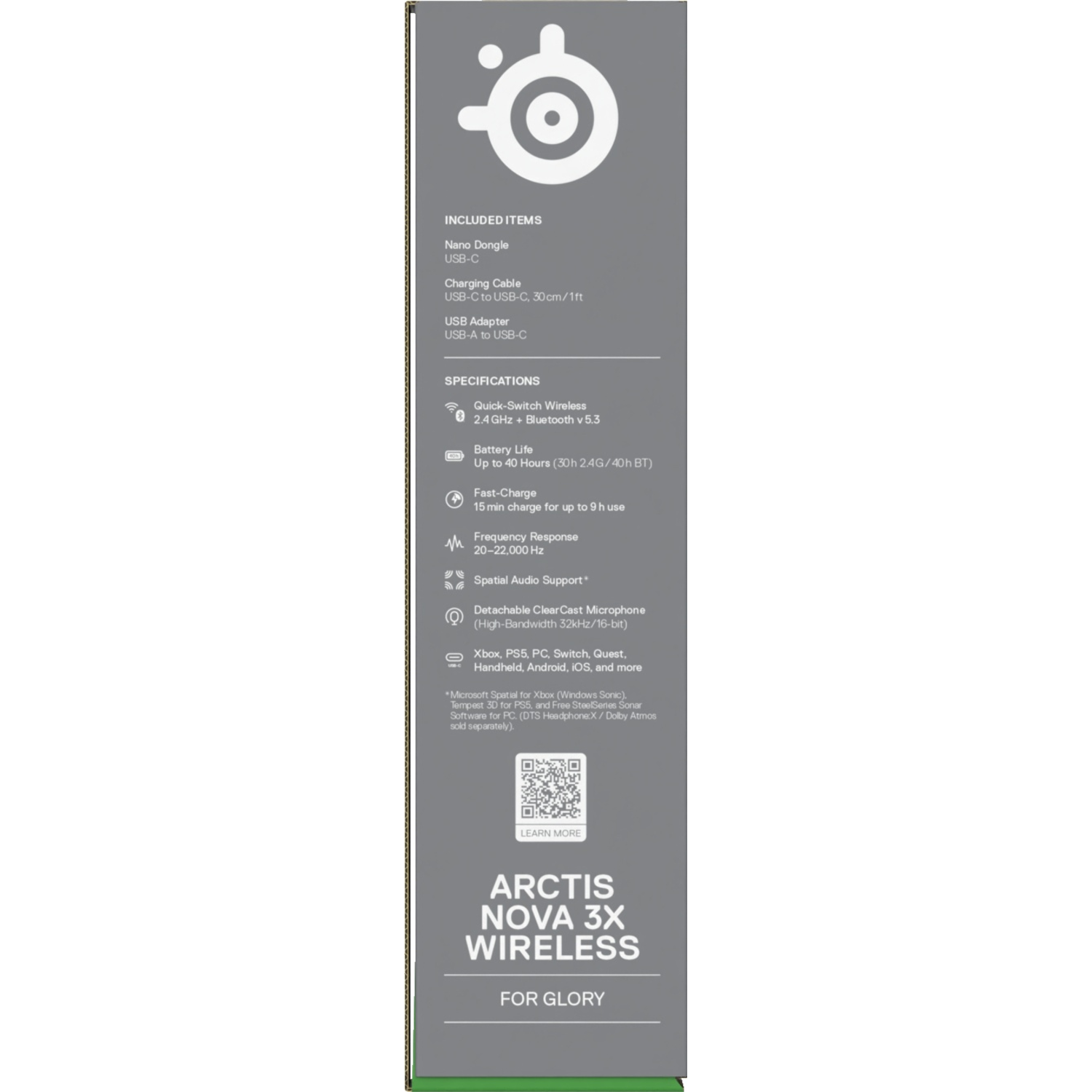 Le côté de la boîte du casque répertorie les éléments inclus et les spécifications du casque Arctis Nova 3X Wireless.