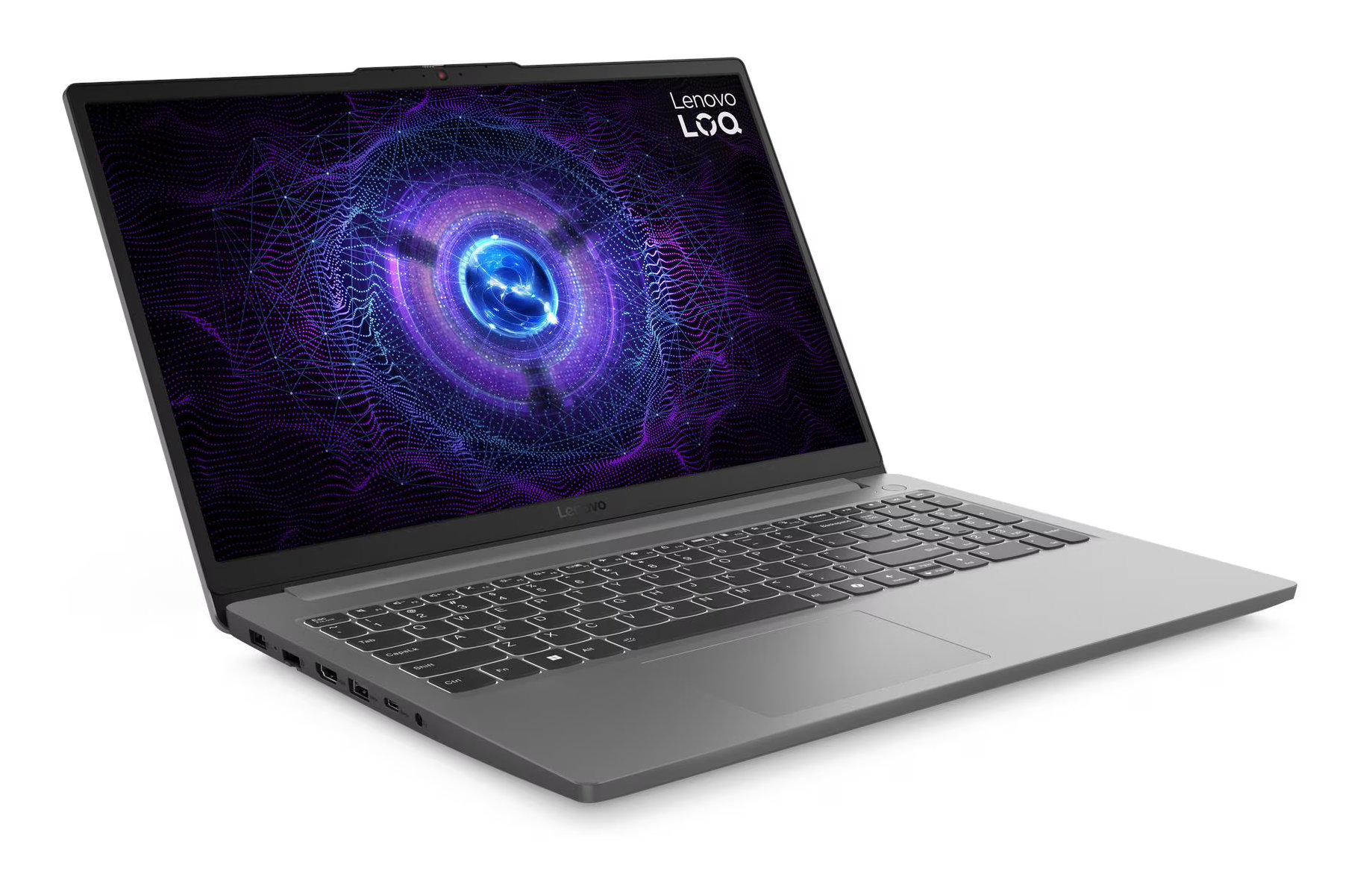 Widok z boku szarego laptopa Lenovo z ekranem z fioletowo-niebieskim wzorem. Klawiatura widoczna.