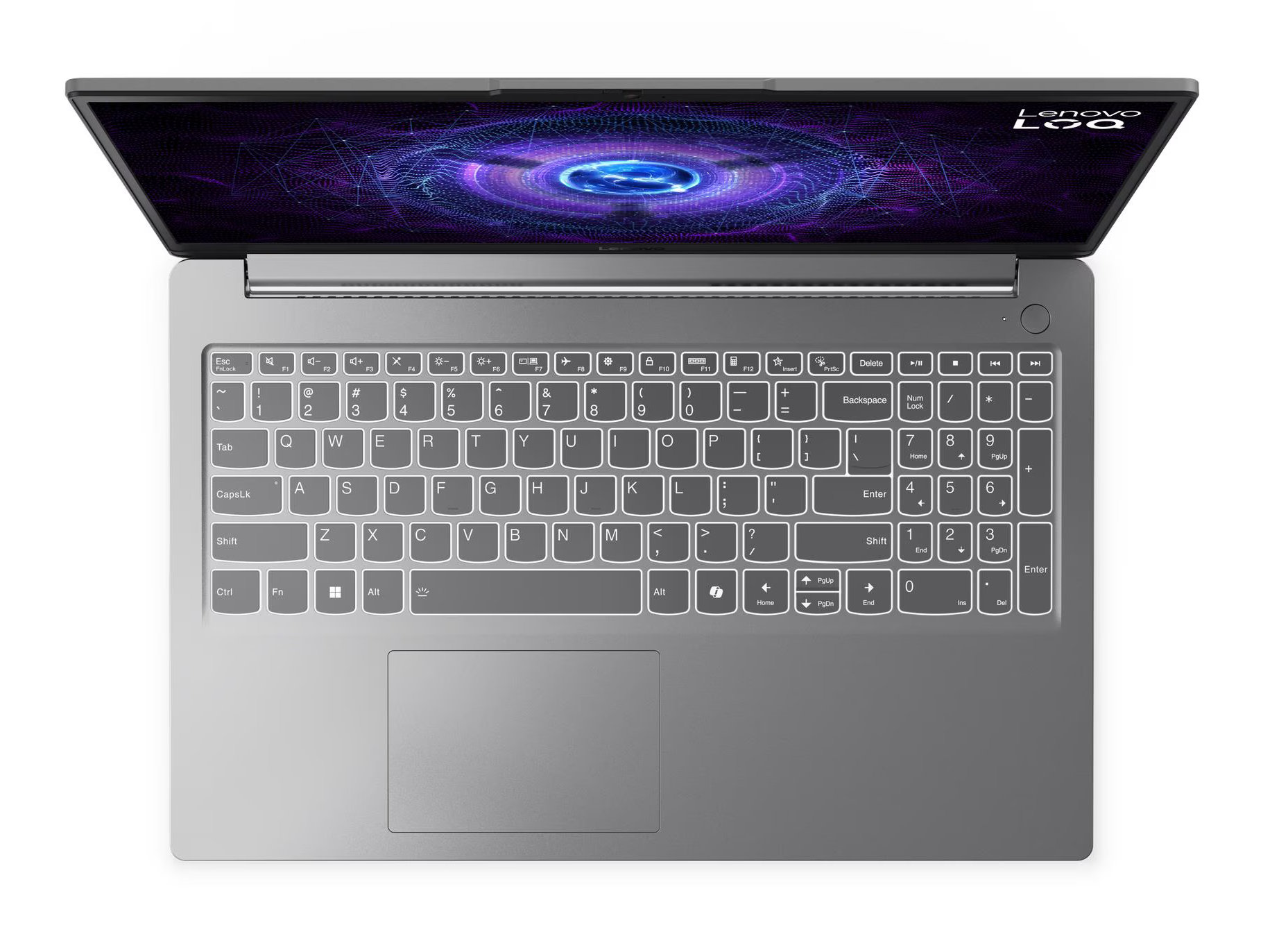 Widok z góry szarego laptopa Lenovo, widoczna klawiatura, ekran z fioletowo-niebieskim wzorem. Logo LOQ.