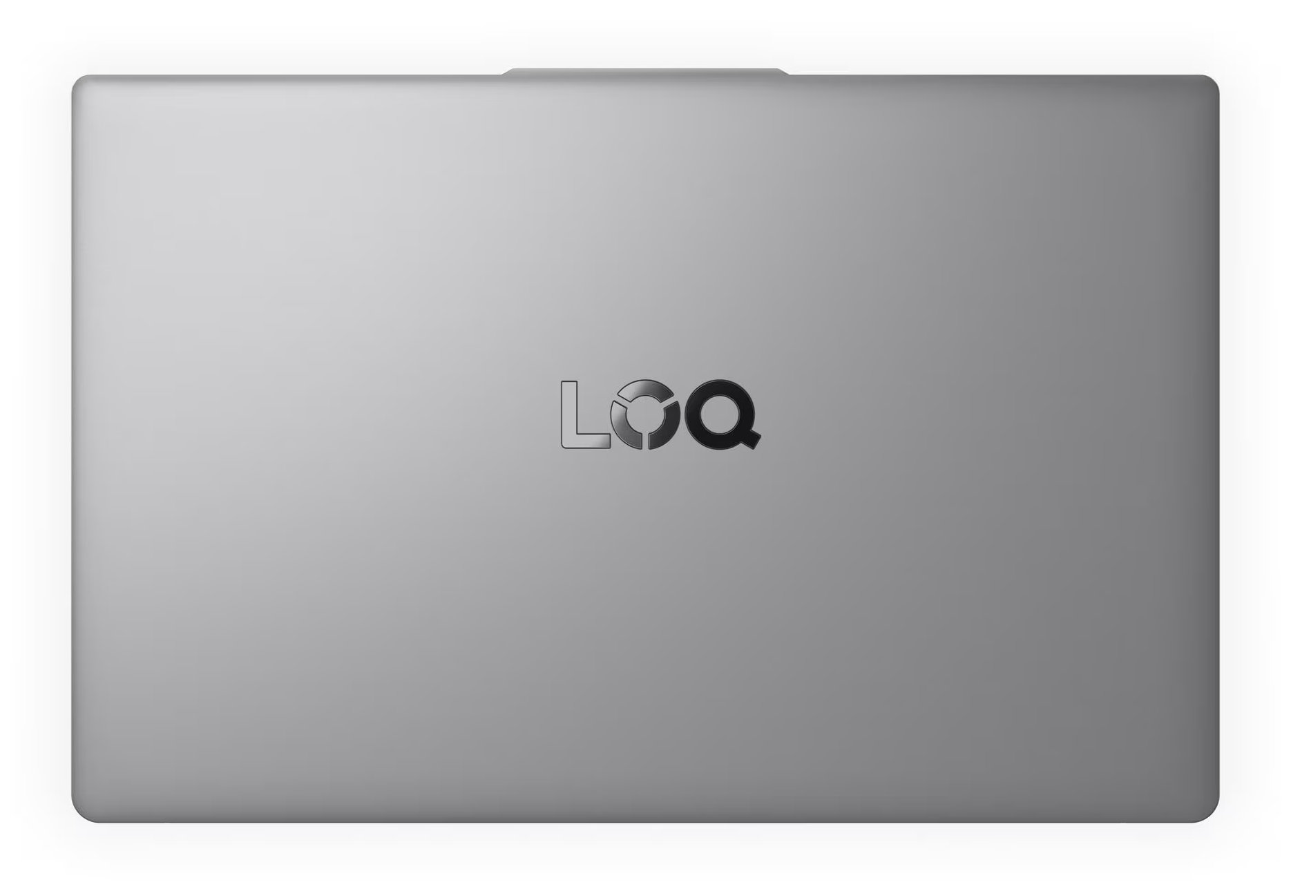 Szary laptop, widok z góry, widoczne logo Lenovo LOQ. Zamknięty laptop.