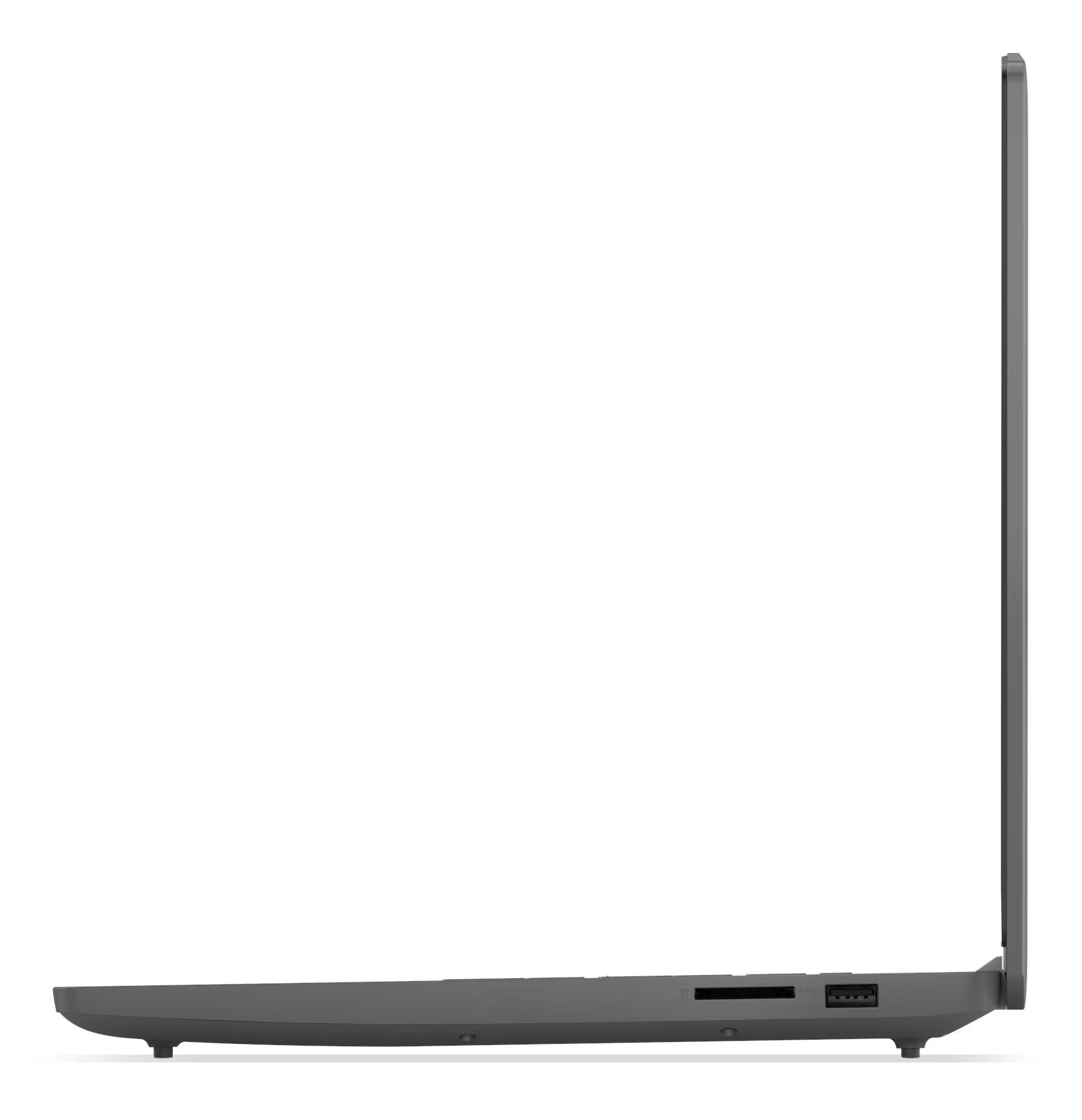 Widok z boku szarego laptopa. Widoczne gniazdo kart SD.