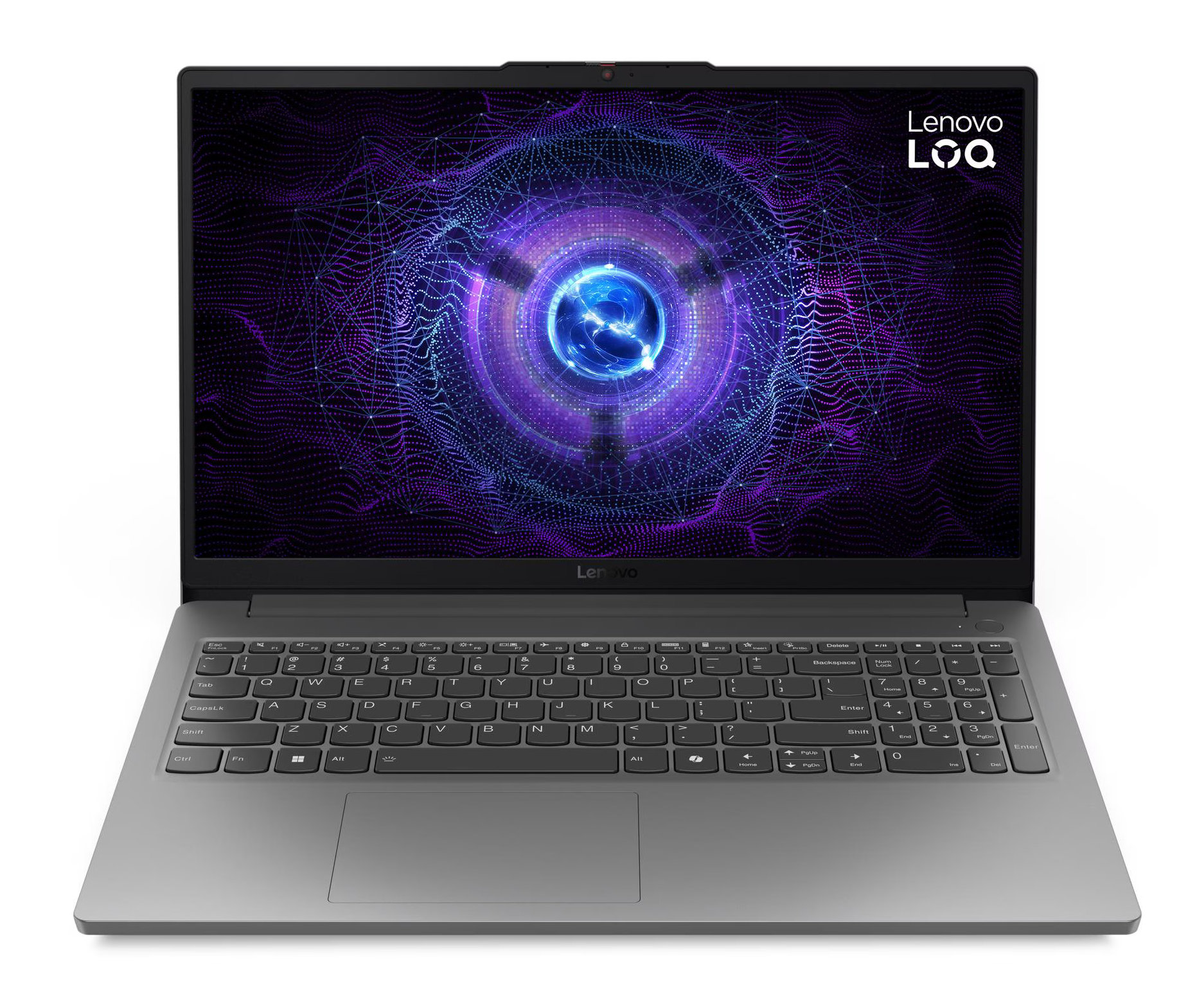 Srebrny laptop, otwarty, wyświetlający ekran z fioletowo-niebieskim abstrakcyjnym wzorem.