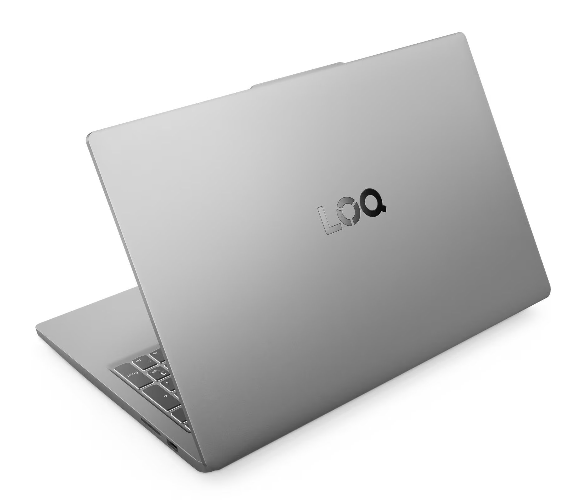 Srebrny laptop, zamknięty, z logo LQO na tylnej części, na białym tle.