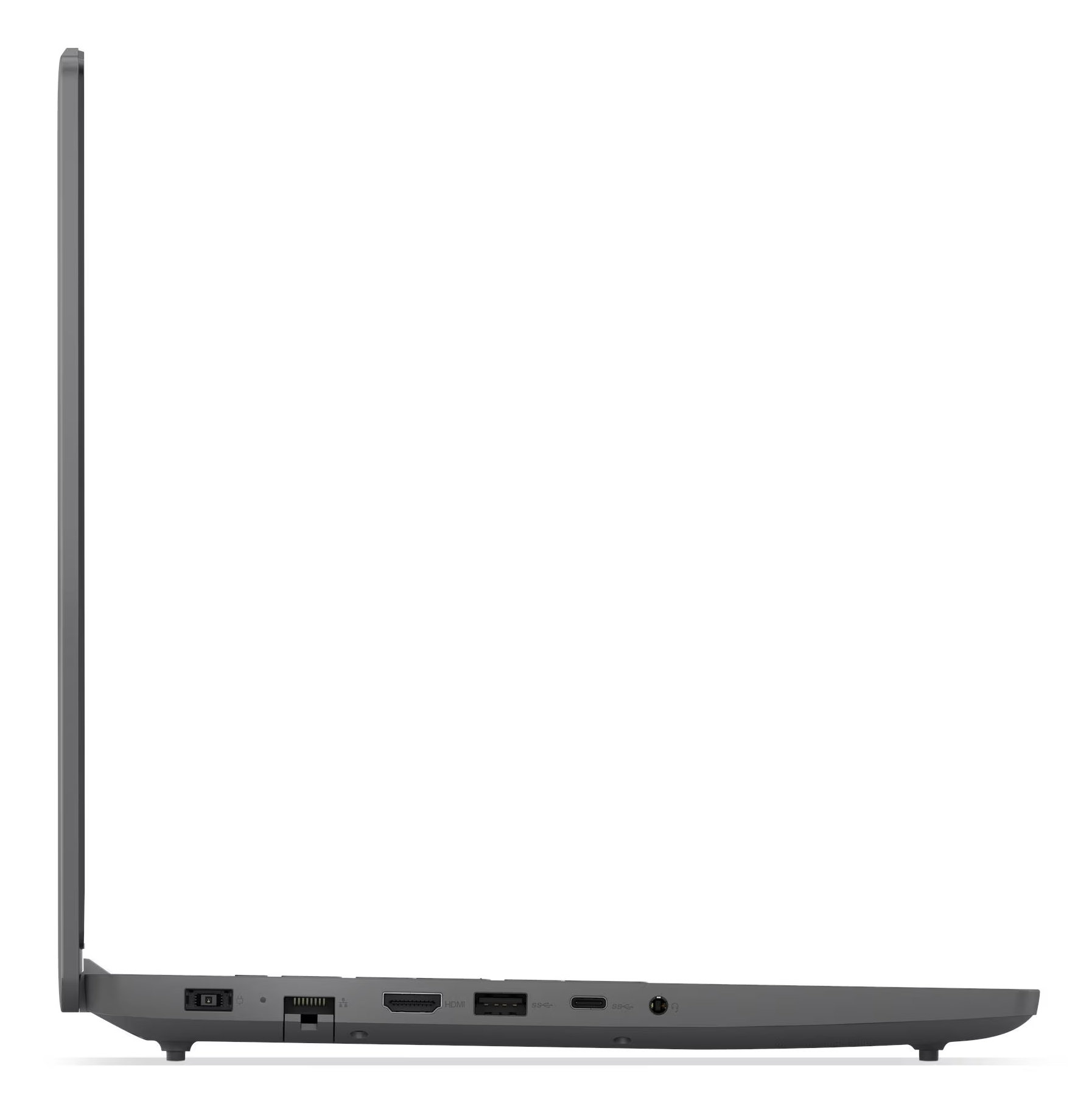 Widok z boku srebrnego laptopa. Widoczne porty, na białym tle.