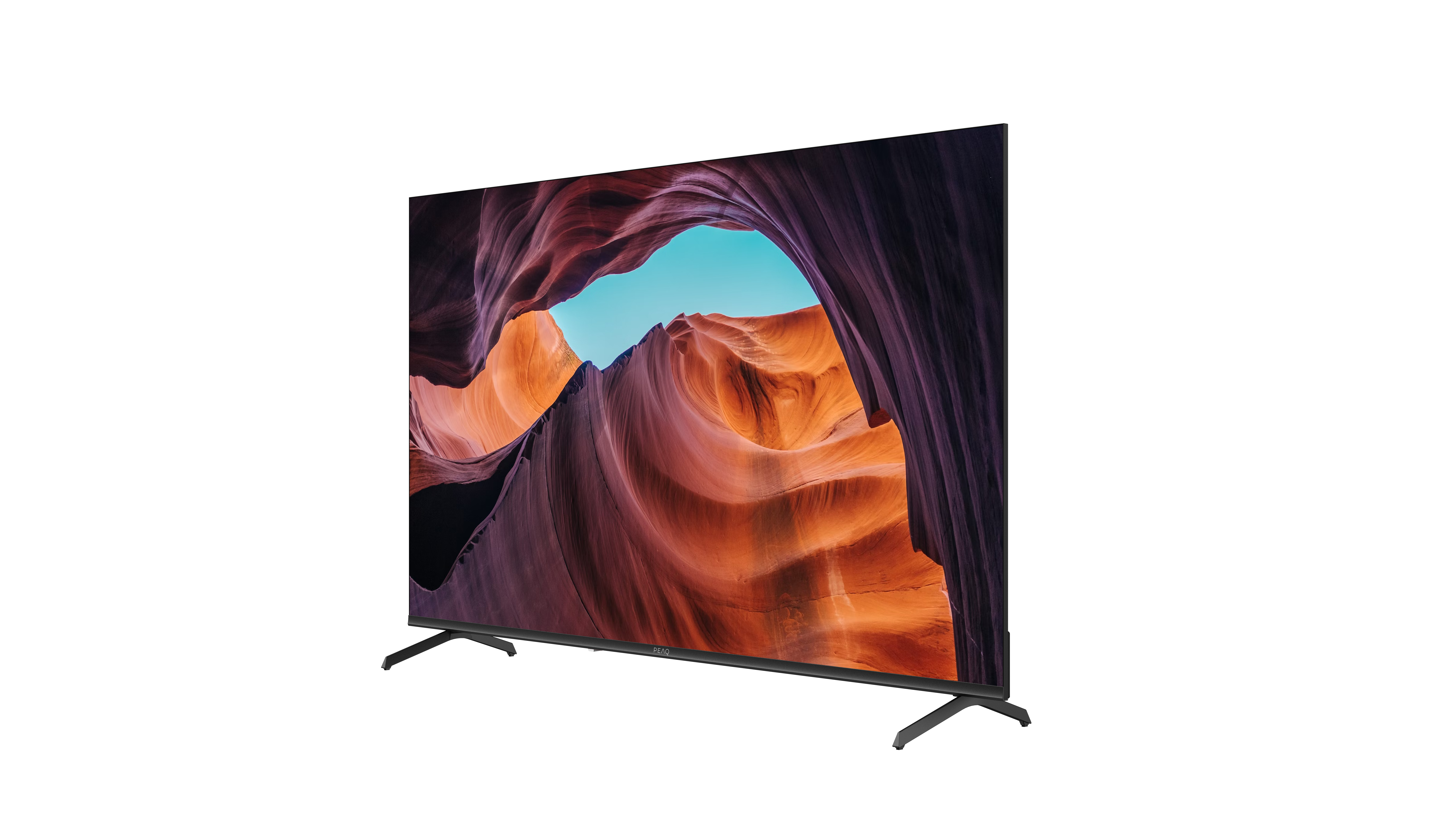 Telewizor z płaskim ekranem wyświetla scenę kanionu z pomarańczowymi, fioletowymi i niebieskimi kolorami. Telewizor jest czarny, na białym tle.