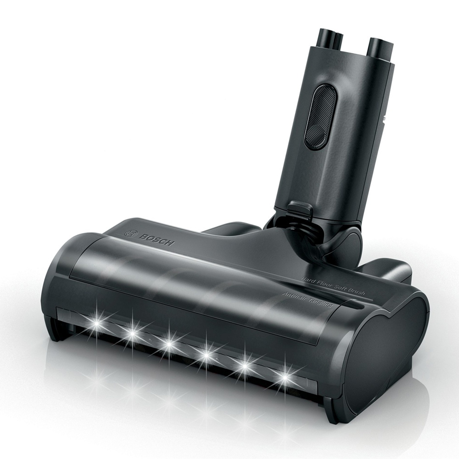 Testa aspirapolvere nera con luci, logo Bosch ed etichetta "Hard Floor Soft Brush", su sfondo bianco.