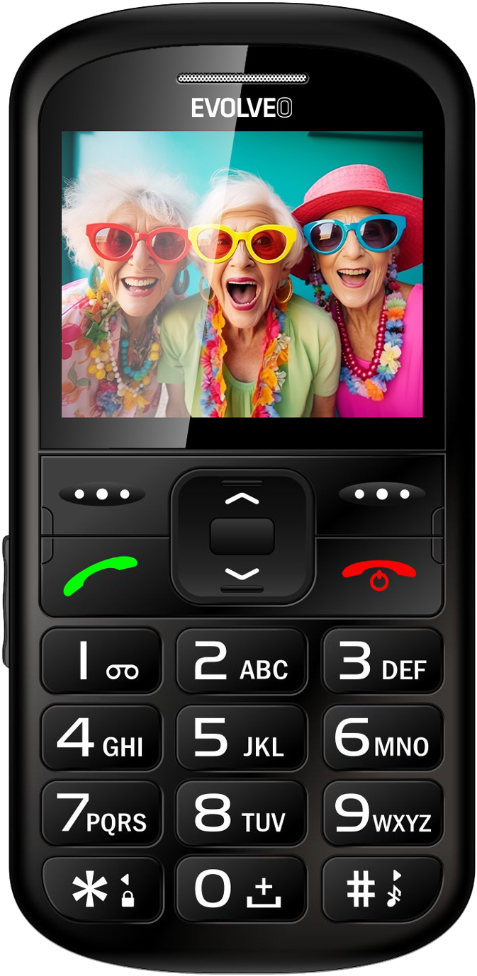 Fekete EVOLVEO telefon. A képernyőn három idős nő látható napszemüveggel. A telefon nagyméretű gombokkal rendelkezik.