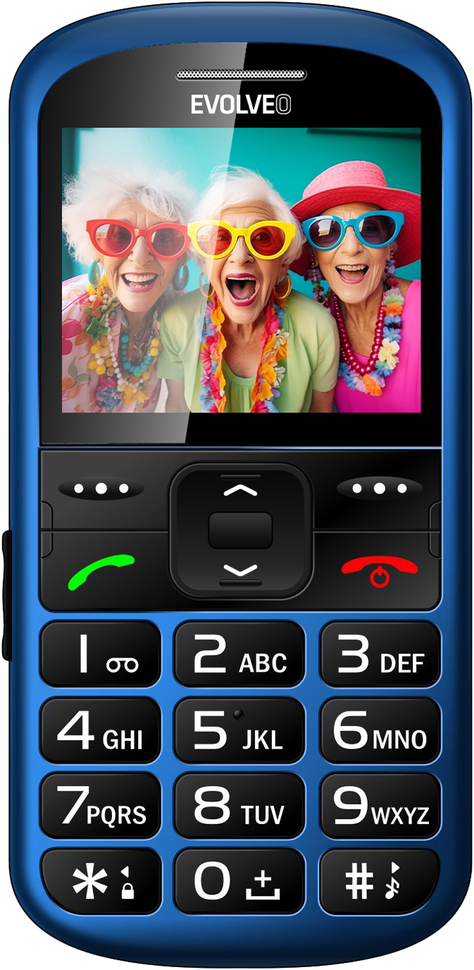 Kék telefon, képernyőjén napszemüveges nők. A gombokon számok vannak. EVOLVEO márkanév felül.