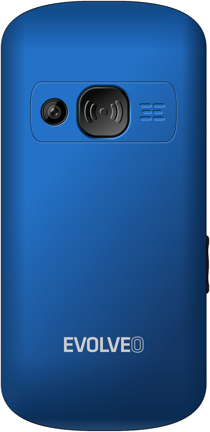Kék telefon hátlapja, kamera, hangszóró és EVOLVE logóval.