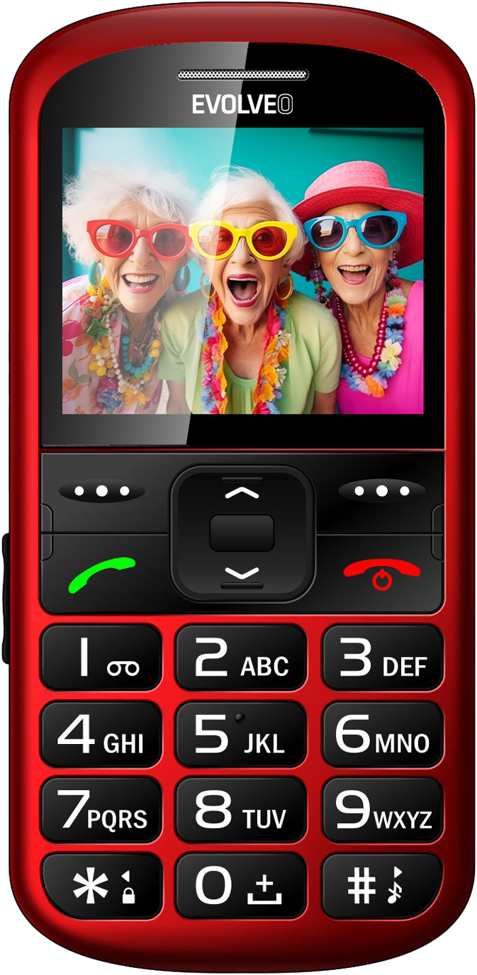 Piros mobiltelefon három mosolygó nőt mutat napszemüvegben. A telefonon nagy gombok vannak, és a képernyőn látható a kép.