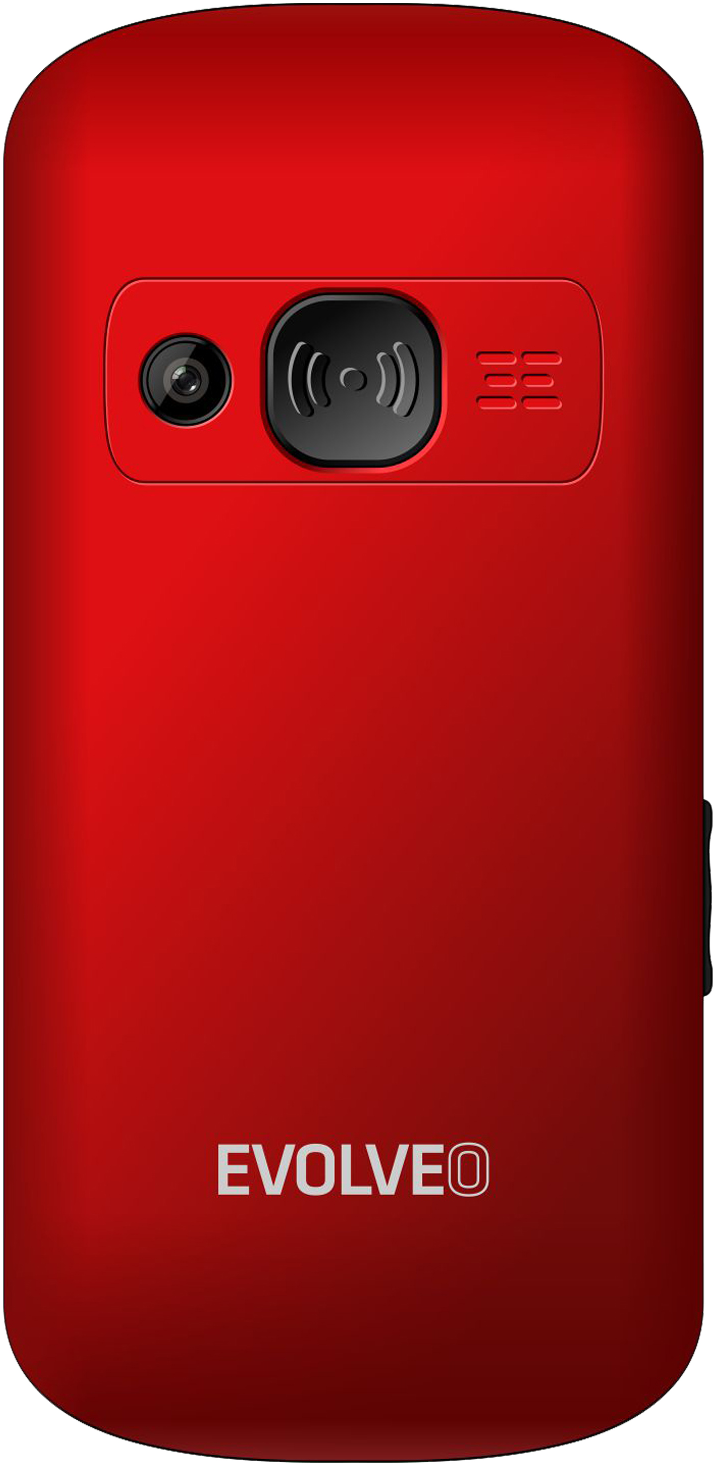 Piros mobiltelefon hátulja. Tartalmaz egy kameralencsét, NFC szimbólumot, hangszóró lyukakat és az 'EVOLVE' logót.