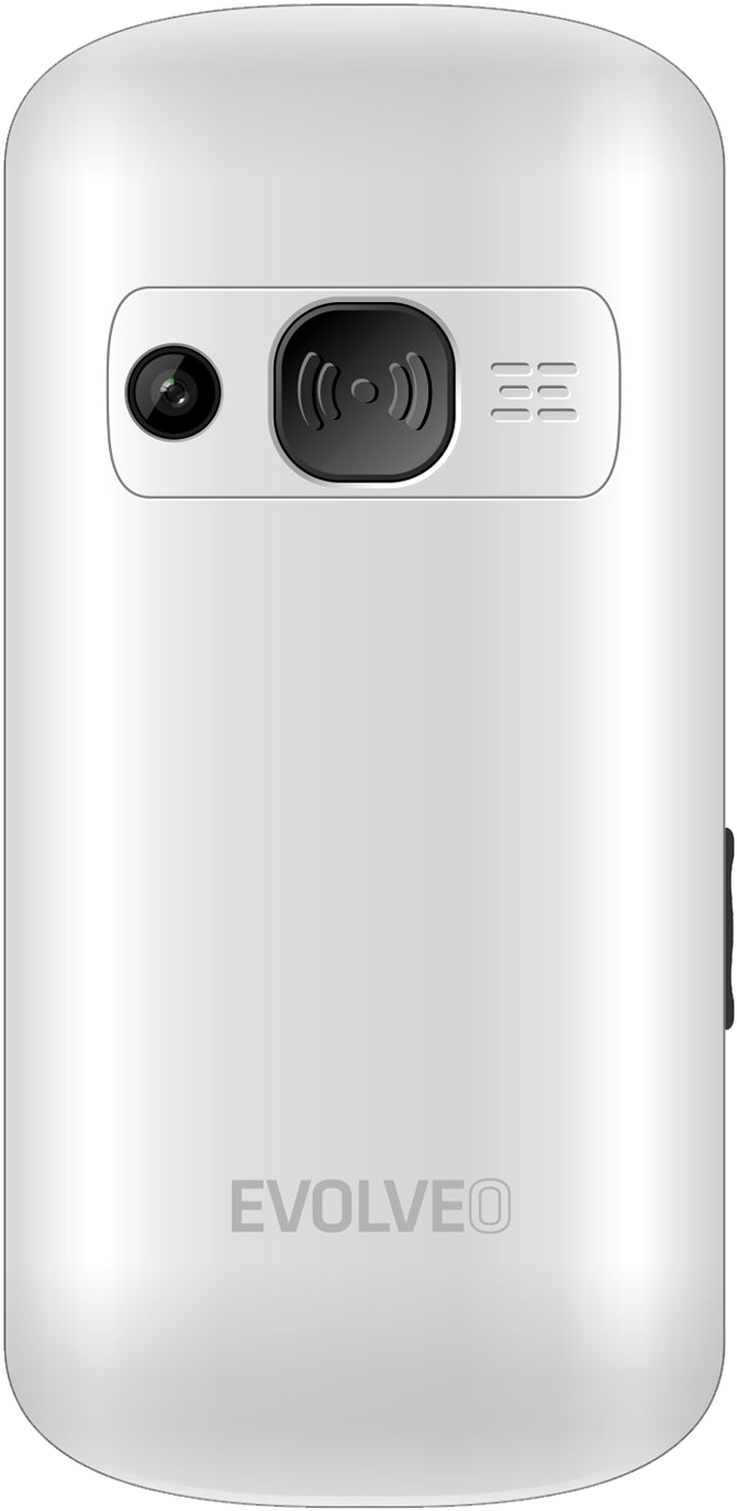 Fehér mobiltelefon hátlapja, kamera, hangszóró és EVOLVEO logóval. Fekete díszítések. Lekerekített forma.