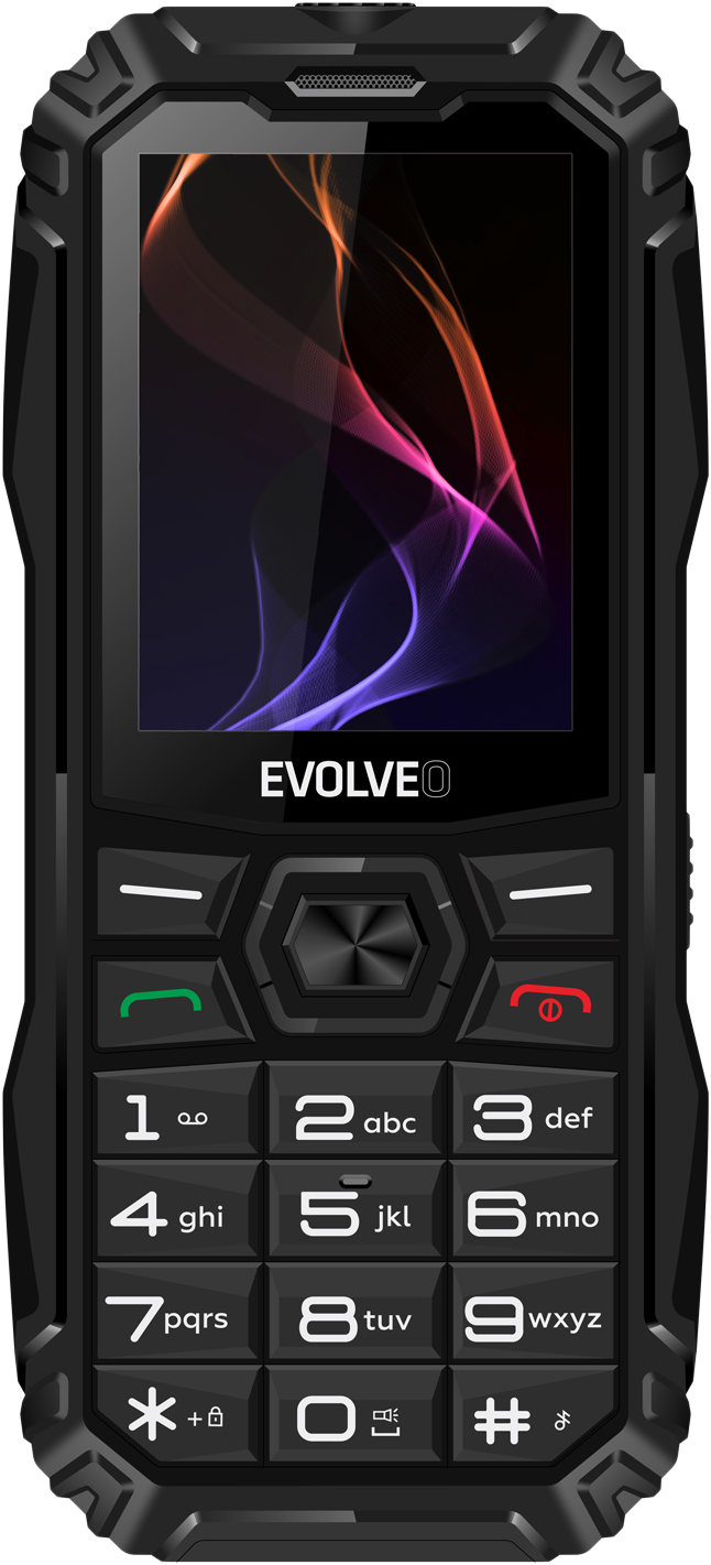 Fekete EVOLVEO telefon. Színes hullámokkal ellátott képernyője és számokkal, szimbólumokkal ellátott billentyűzete van.