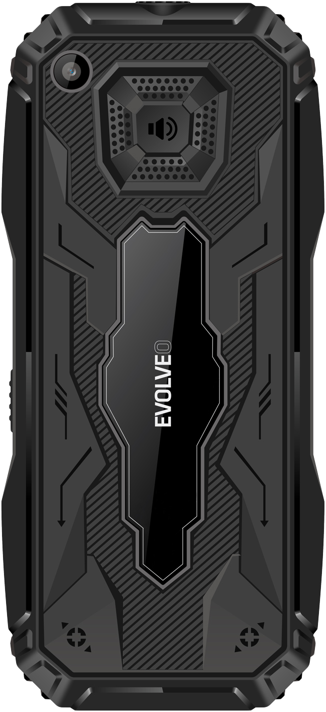Fekete telefontok kamerával, hangszóróval és "EVOLVE O" felirattal. Robusztus kialakítású, geometrikus mintákkal.