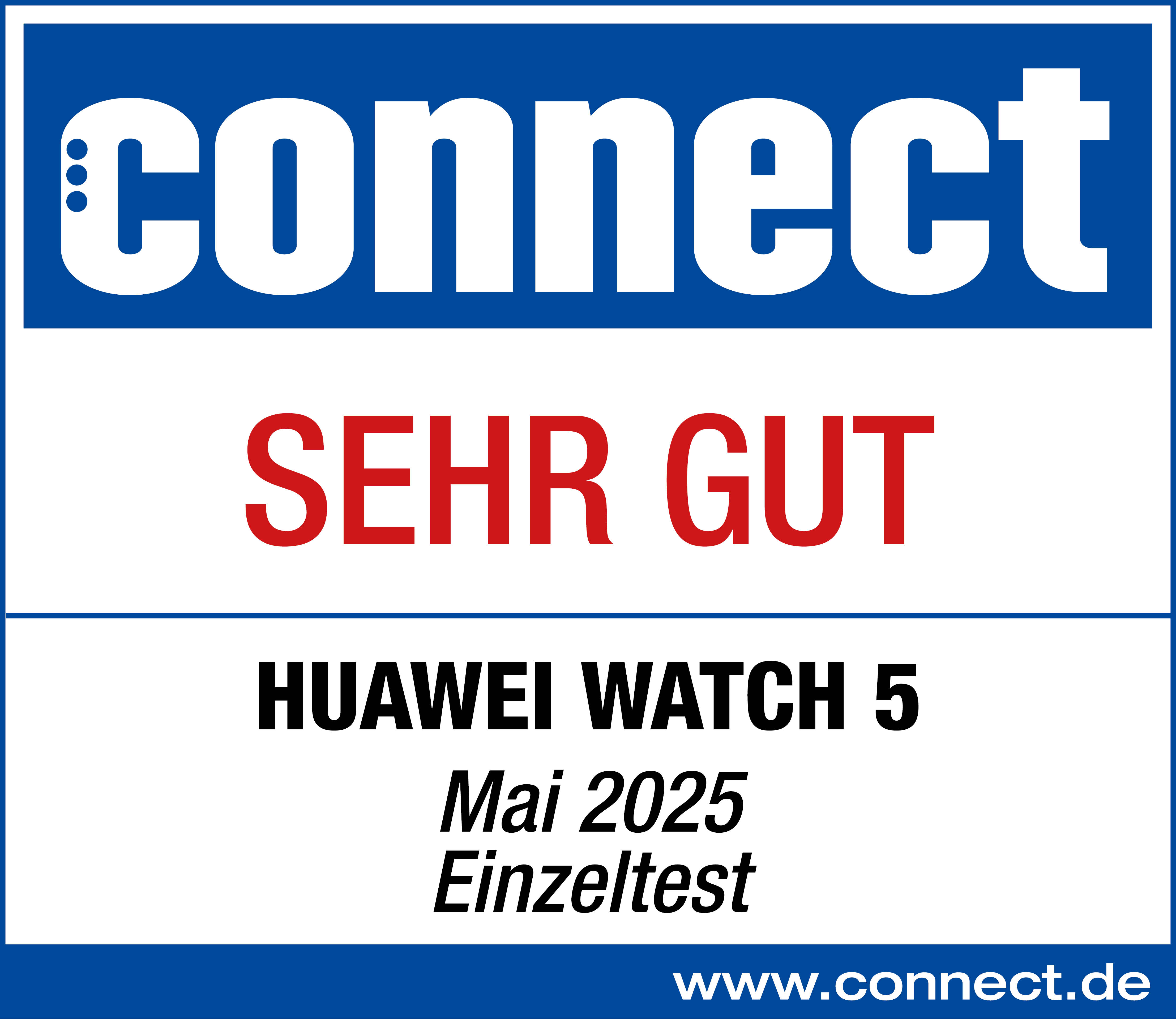 Ein connect.de-Bild mit dem Text 'SEHR GUT', 'HUAWEI WATCH 5' und einem Datum.