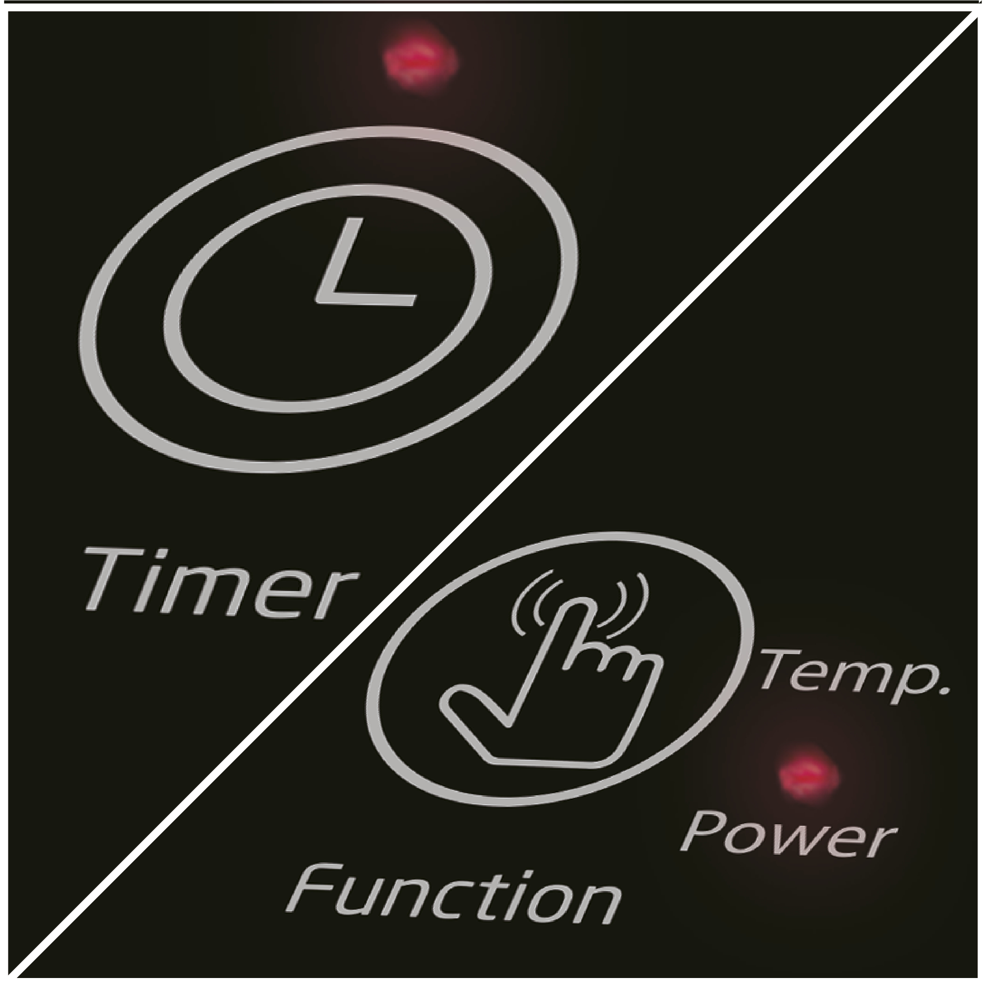 Nahaufnahme eines schwarzen Induktionskochfelds, die Timer- und Funktionstouch-Bedienelemente zeigend.