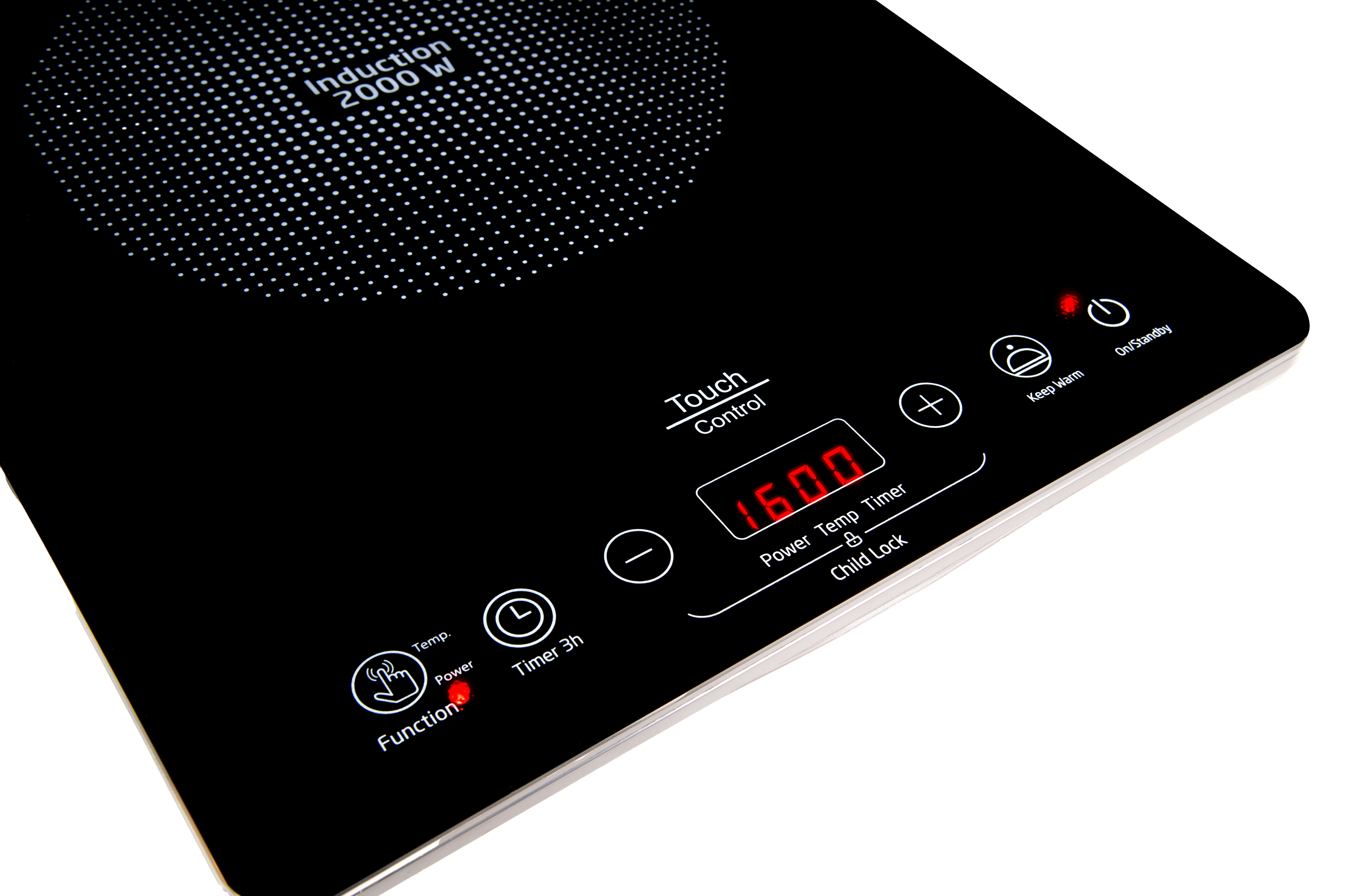 Schwarzer Induktionskocher mit Touch-Bedienelementen, rote Anzeige 1600, weißer Hintergrund.