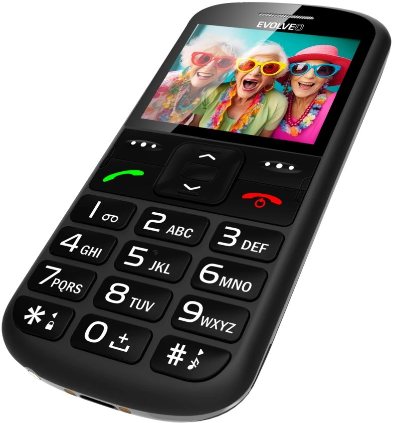 Fekete mobiltelefon nagy gombokkal. A képernyőn három, napszemüveget viselő mosolygó nő látható. A telefon EVOLVEO márkájú.