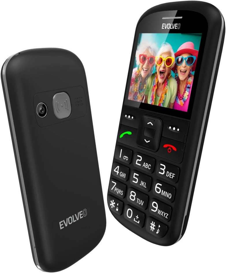 Fekete EVOLVEO telefon három nevető nő fotóját mutatja. Egy másik telefon balra van. Mindkét telefon fekete.