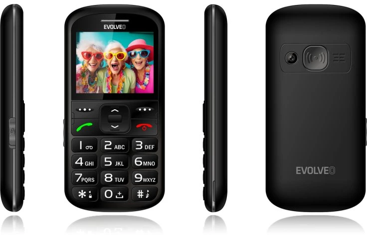 Fekete mobiltelefon számbillentyűzettel, képernyőn három nő látható. A telefon oldalai és hátulja látható. EVOLVEO logó.