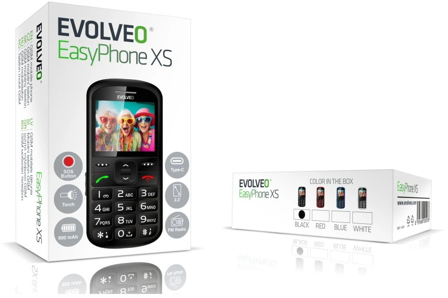 Egy fehér dobozban egy fekete Evolveo EasyPhone XS látható, képernyővel. Egy másik dobozban a telefon színei láthatók.