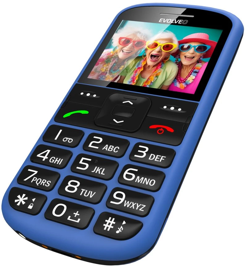 Kék telefon, melyen három napszemüveges és kalapos nő látható. A telefon nagyméretű gombokkal és egyszerűsített felülettel rendelkezik.