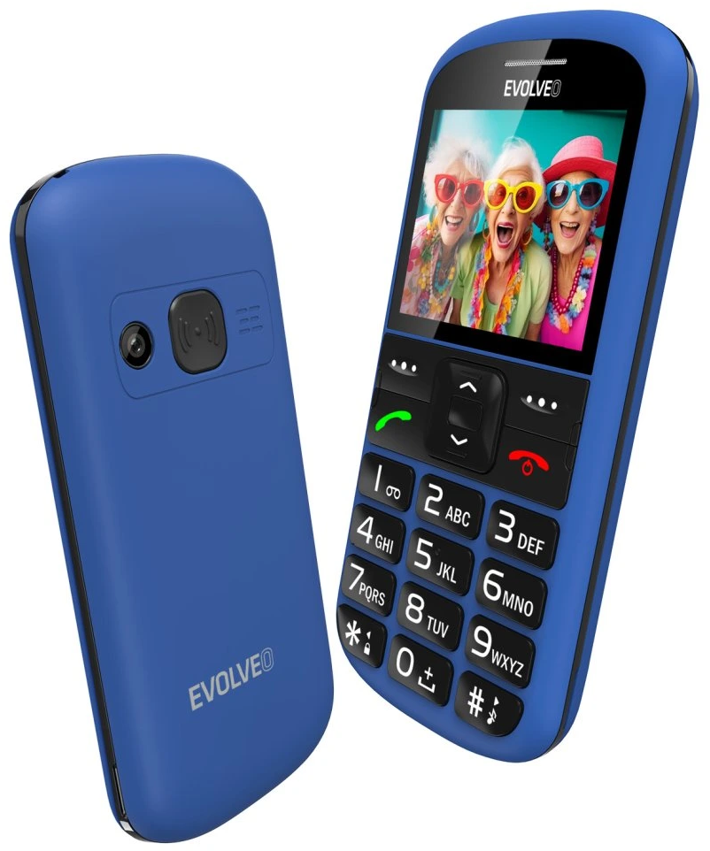 Két kék Evolveo telefon. Az egyiken három napszemüveges nő látható. A másikon kamera és gombok láthatók.