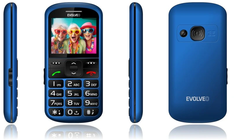 Kék EVOLVEO telefon. A képernyőn három napszemüveges nő látható. Oldal-, elülső- és hátulnézet. Alatta tükröződő felület.