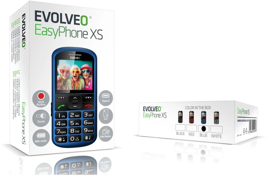 Egy kék EasyPhone XS mobiltelefon dobozzal. A doboz egy telefon képet és színválasztékot mutat: fekete, piros, kék és fehér.