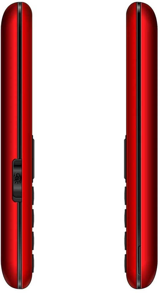 Két piros telefon, oldalnézetben, fekete gombokkal egy piros testen.