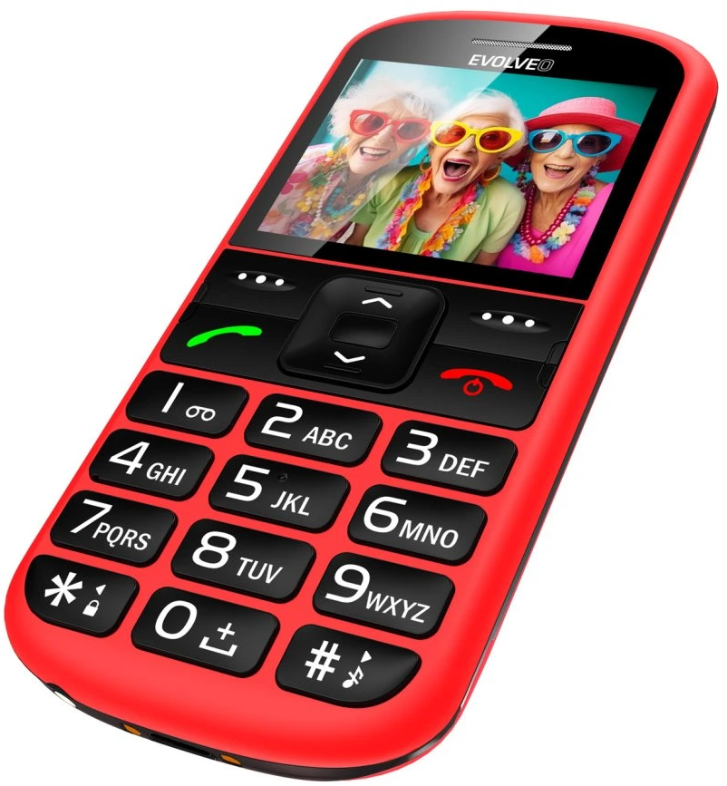 Piros telefon nagy gombokkal és mosolygó nőket mutató képernyővel.