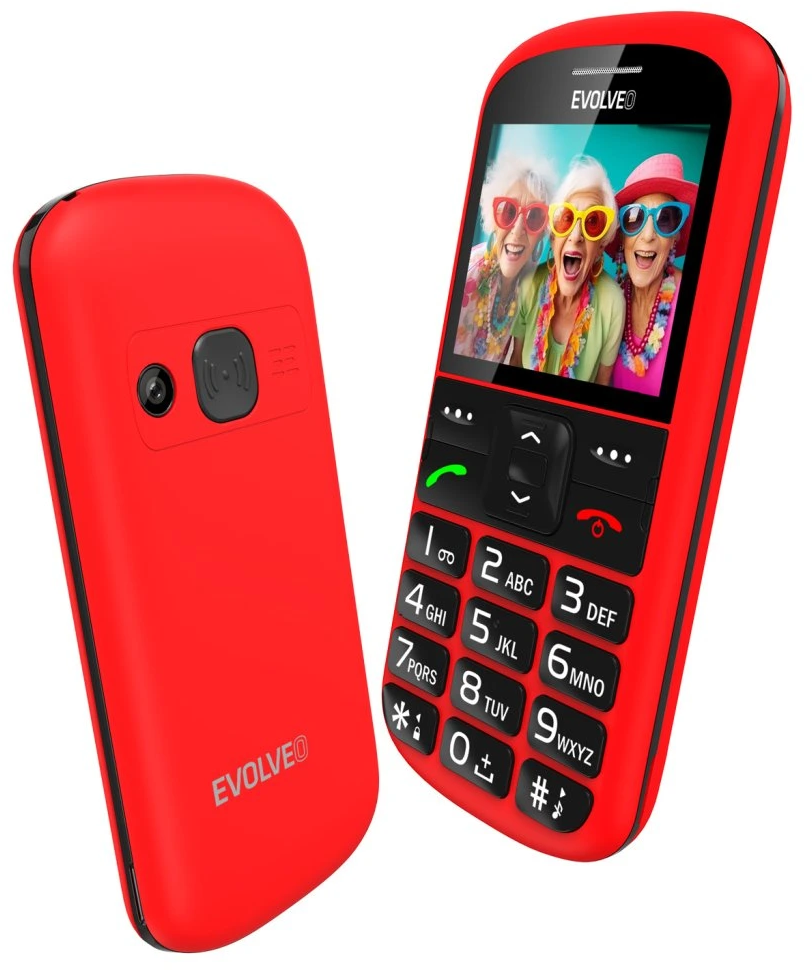 Piros telefon nagy gombokkal, bal oldali hátulnézet, jobb oldali elölnézet.