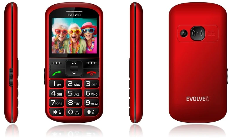 Piros telefon nagy gombokkal és mosolygó nőket mutató képernyővel, oldalsó nézetek.