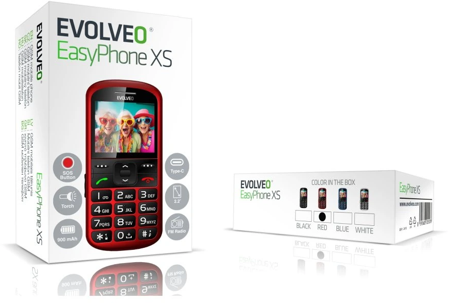 Evolveo EasyPhone XS doboz telefonnal, SOS gombbal, zseblámpával és FM rádióval.