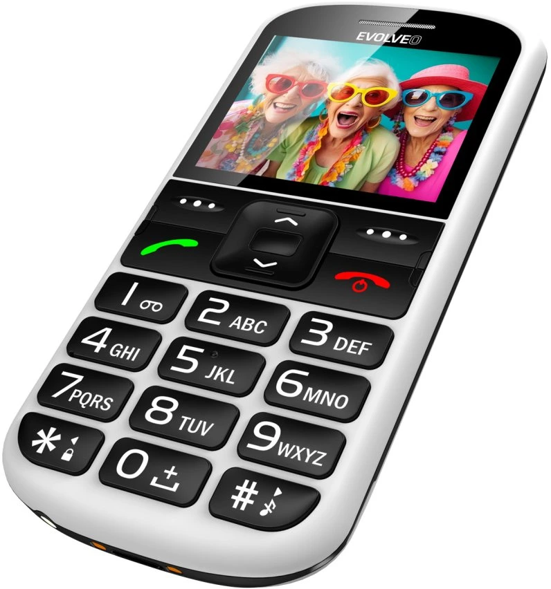 Fehér telefon nagy gombokkal és mosolygó nőket mutató képernyővel.