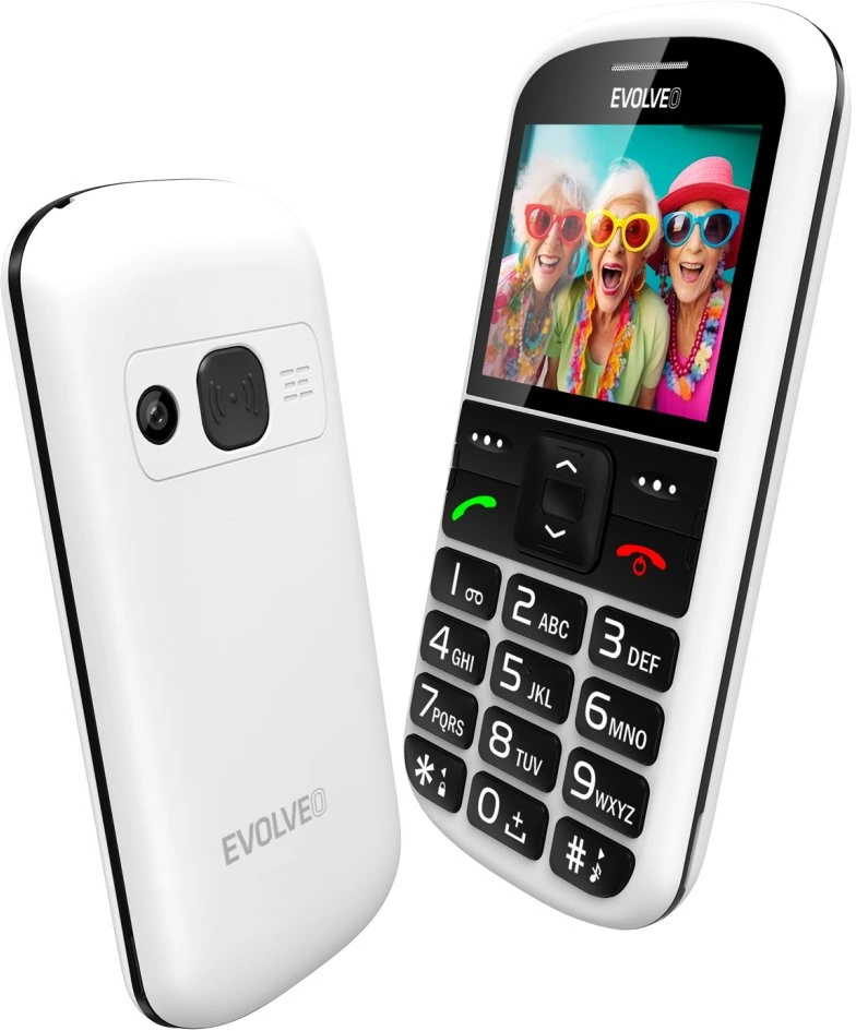 Fehér telefon nagy gombokkal, hátul- és elölnézetben, mosolygó nőket mutatva.