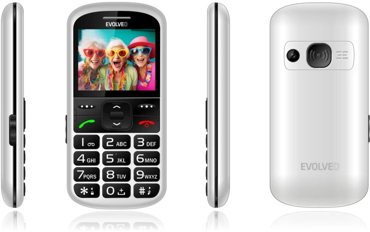 Fehér telefon nagy gombokkal és mosolygó nőket mutató képernyővel, oldalsó nézetek.