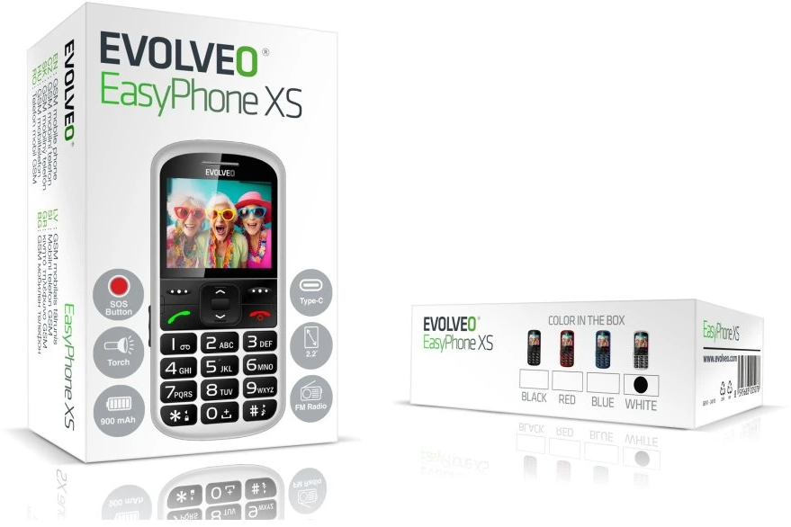 Evolveo EasyPhone XS doboz telefonnal, SOS gombbal, zseblámpával és FM rádióval.