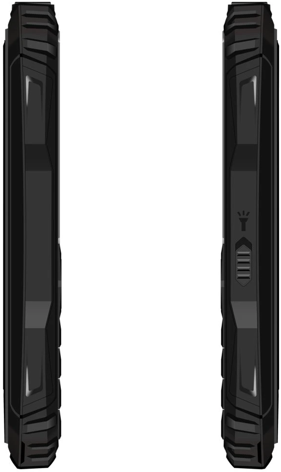 Fekete, strapabíró telefon oldala. Nincs képernyő. Gombokkal ellátott oldal. Fekete háttér.