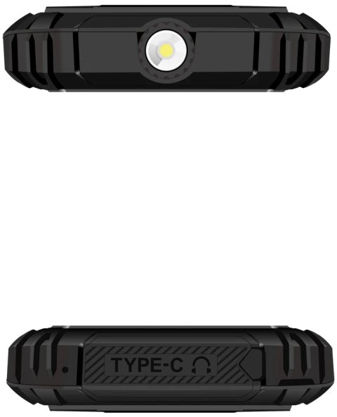 Fekete, strapabíró telefon teteje és alja. Fent egy lámpával. Alul szöveggel és porttal.