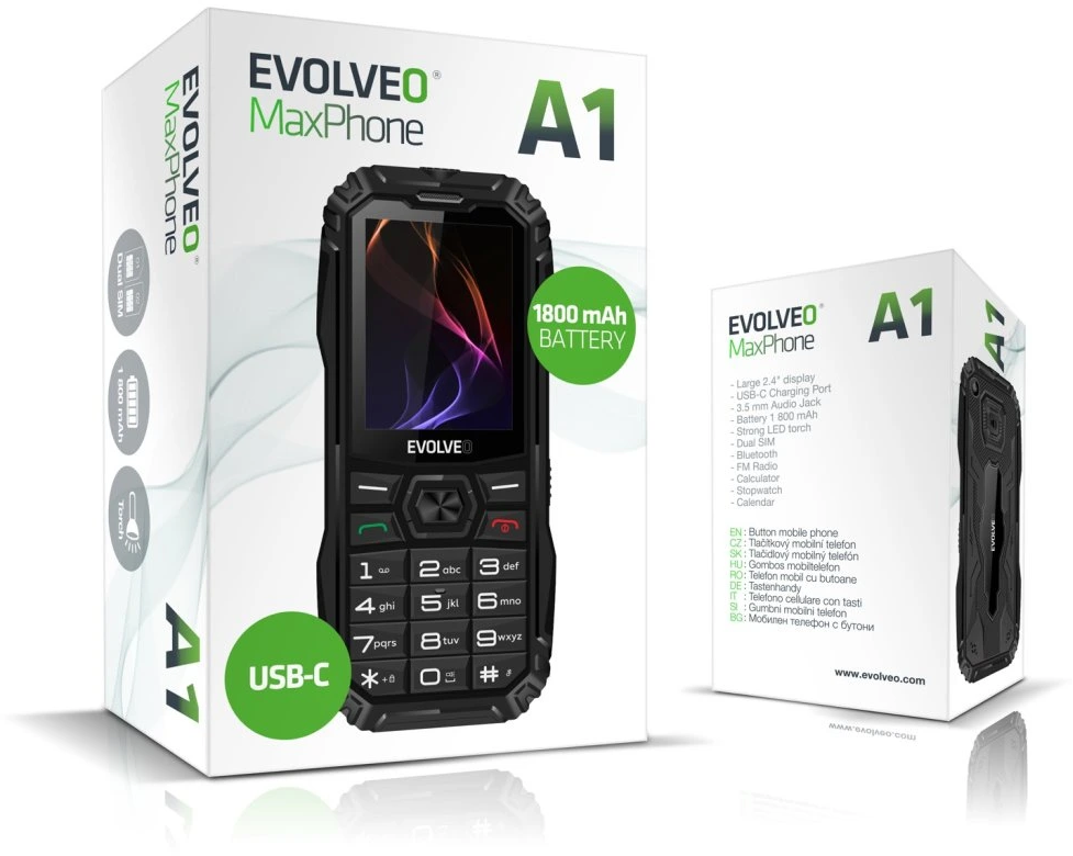 Evolveo MaxPhone A1 doboz és telefon. Telefon képernyővel és gombokkal. Fehér és fekete dobozok.