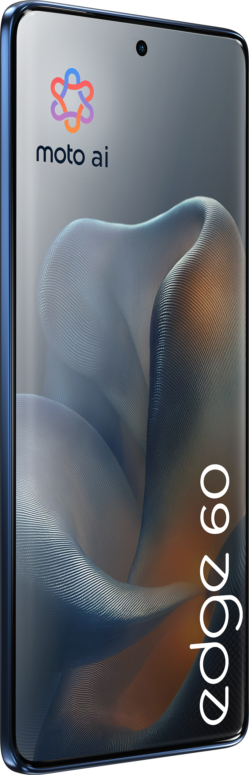 Un téléphone bleu moto ai edge 60 est affiché de côté. Le dos est visible.