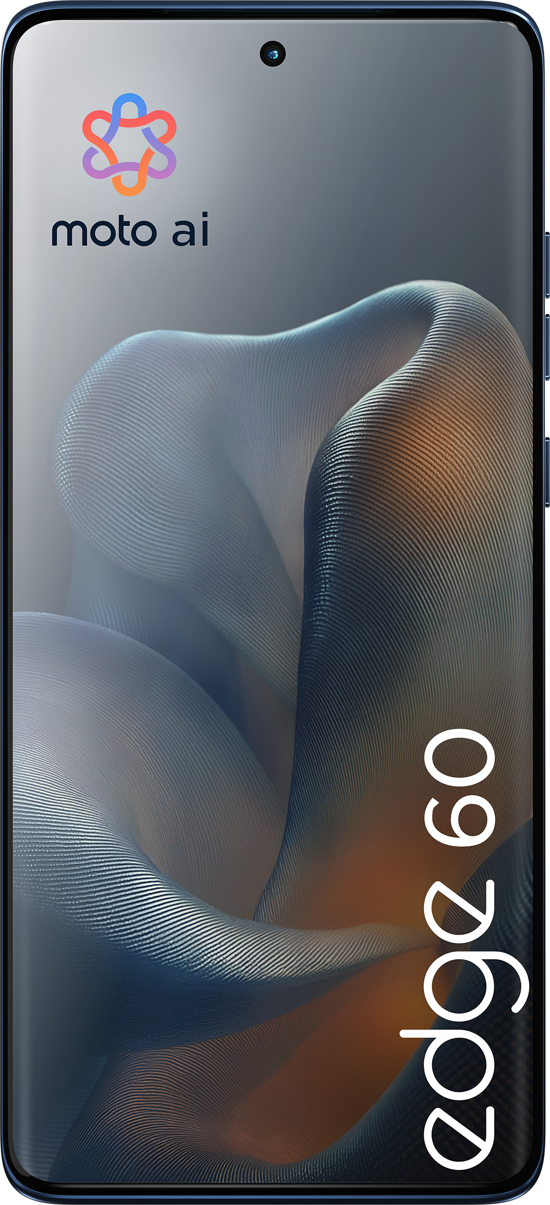Téléphone Moto AI, couleur bleue. Le téléphone a un écran, le logo est dans le coin supérieur gauche.