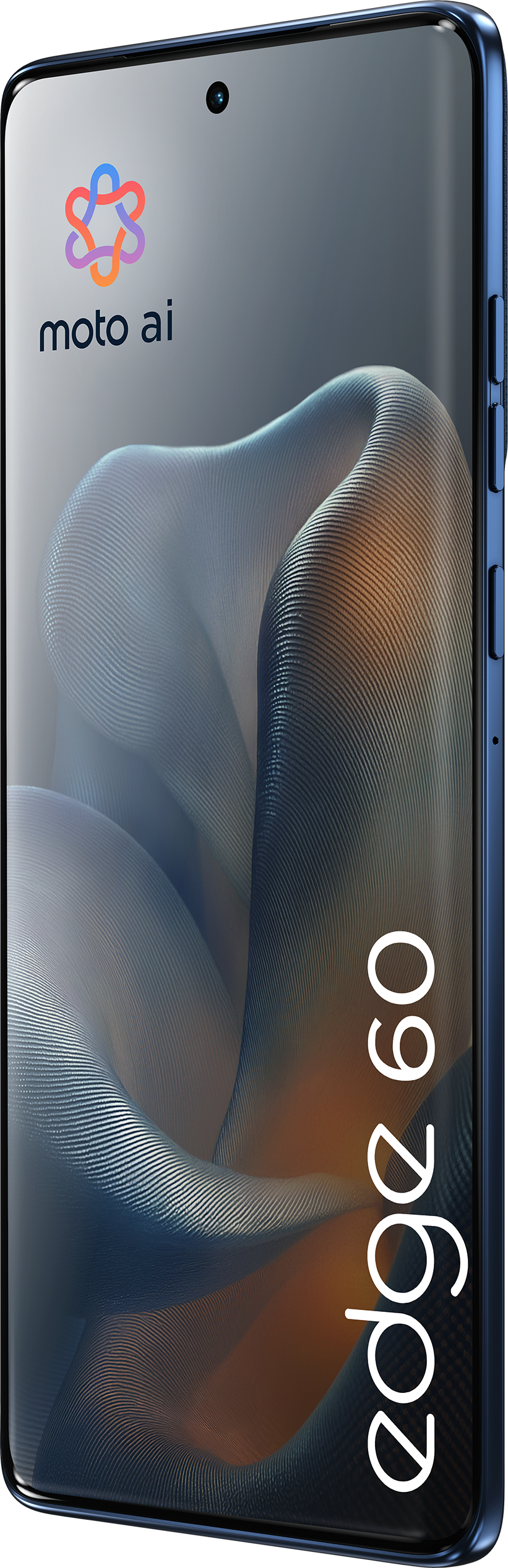 Téléphone Moto 60, couleur bleue. Le téléphone a un écran, le logo est dans le coin supérieur gauche.